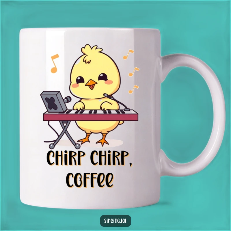 Funny Bouncy Chick Pecking Keyboard Mug - Singing Character, Tech Humor Gift