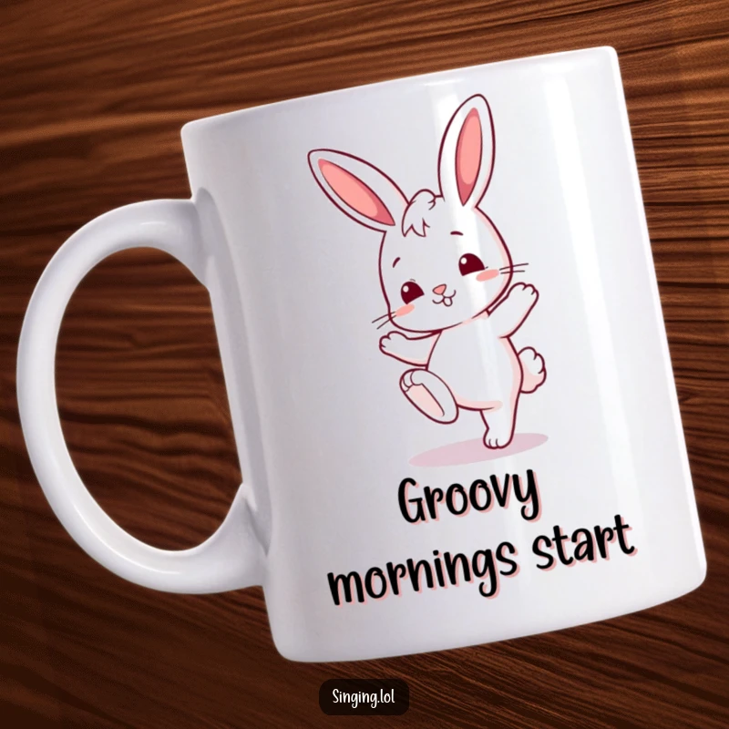 Funny mug showcasing a curious bunny character playfully tapping its foot to an imaginary rhythm, full of life.
