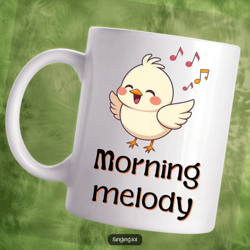 Funny Mug: A cheerful bird character is singing with musical notes flying around it, a joyful design.