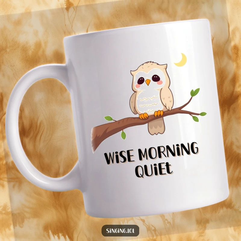 Funny mug depicting a curious owl perched on a branch, gently singing a lullaby, evoking tranquility and nighttime calm.