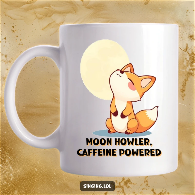 Funny fox character joyfully howling at a full moon, depicted on a high-quality mug, a whimsical and humorous gift.