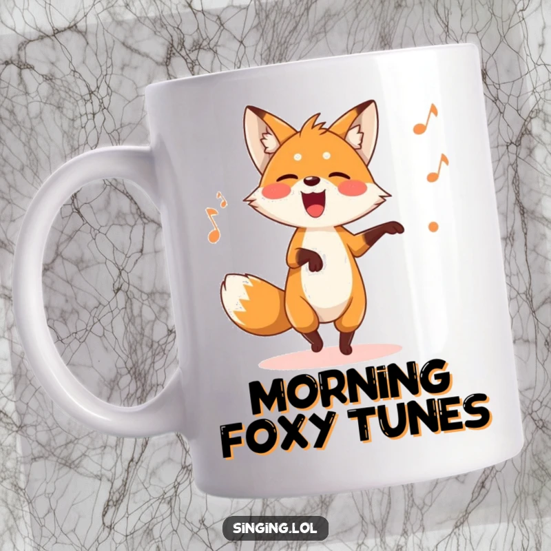 Funny playful fox mug character dancing while singing a silly song, full of joy and whimsical energy.