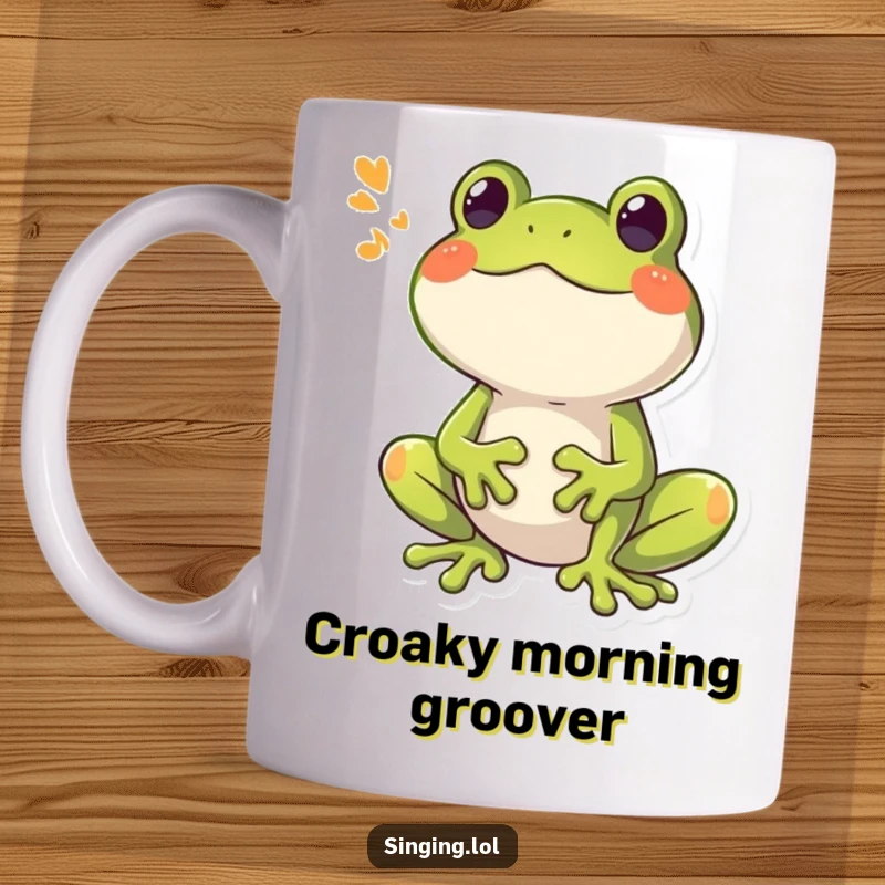 Funny Frog Croaking Mug, a happy amphibian character joyfully croaking a loud, booming song, bringing cheer.