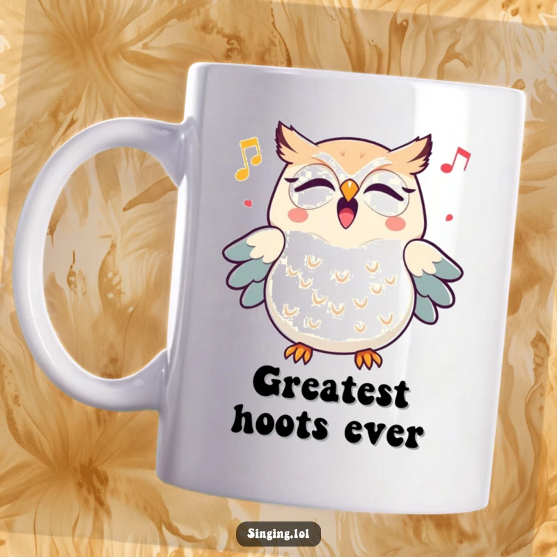 Funny triumphant owl character with wings spread wide, hooting a cheerful melody, printed on a delightful mug.