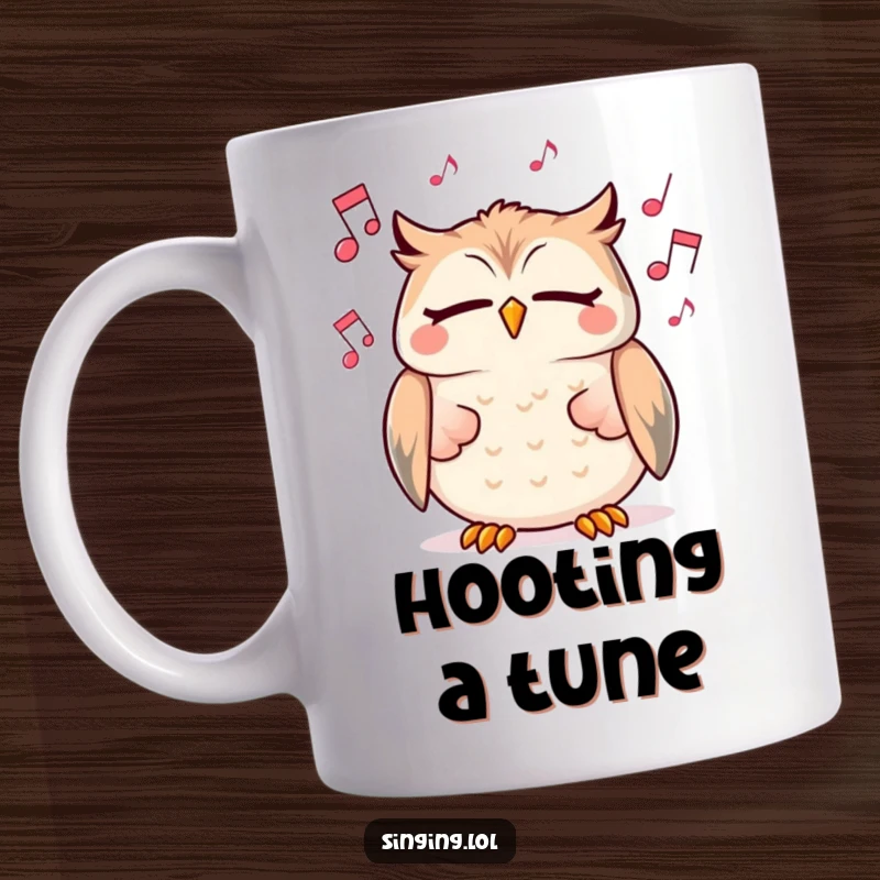 Funny mug with a cheerful owl character singing with eyes closed, surrounded by floating musical notes, embodying pure joy.