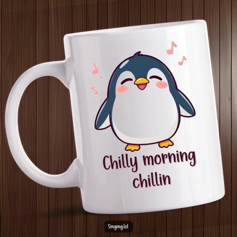 Funny Penguin Singing Mug, a delighted penguin waddling happily with closed eyes, mid-song, bringing a smile.