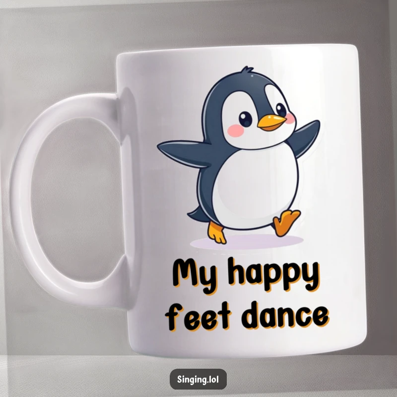 Funny penguin tapping its feet in time with a waddle, expressing joy and rhythm on a ceramic mug.