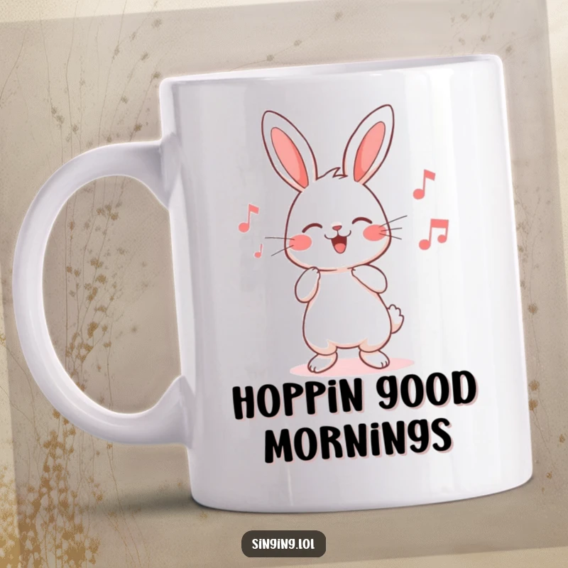 Funny rabbit mug featuring a cute, smiling character gently humming a cheerful, upbeat song, radiating happiness and warmth.