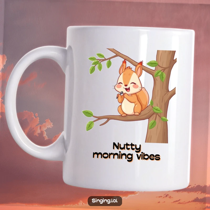 Funny Mug: A happy squirrel character is singing romantically from a tree branch, a charming design.