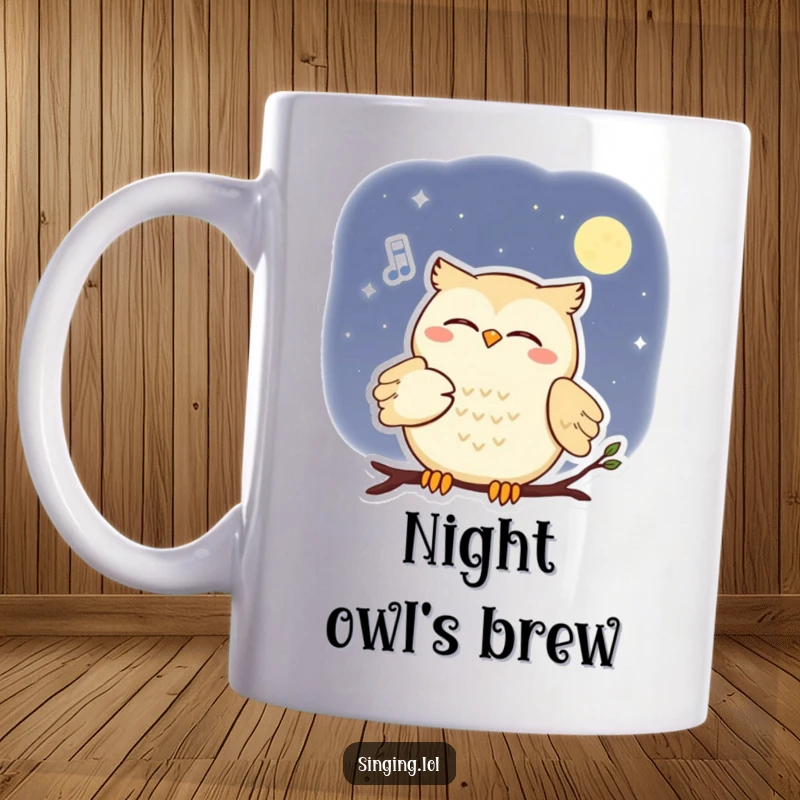 Funny mug with a smiling owl character serenading the moon with a soft melody, creating a whimsical night scene.