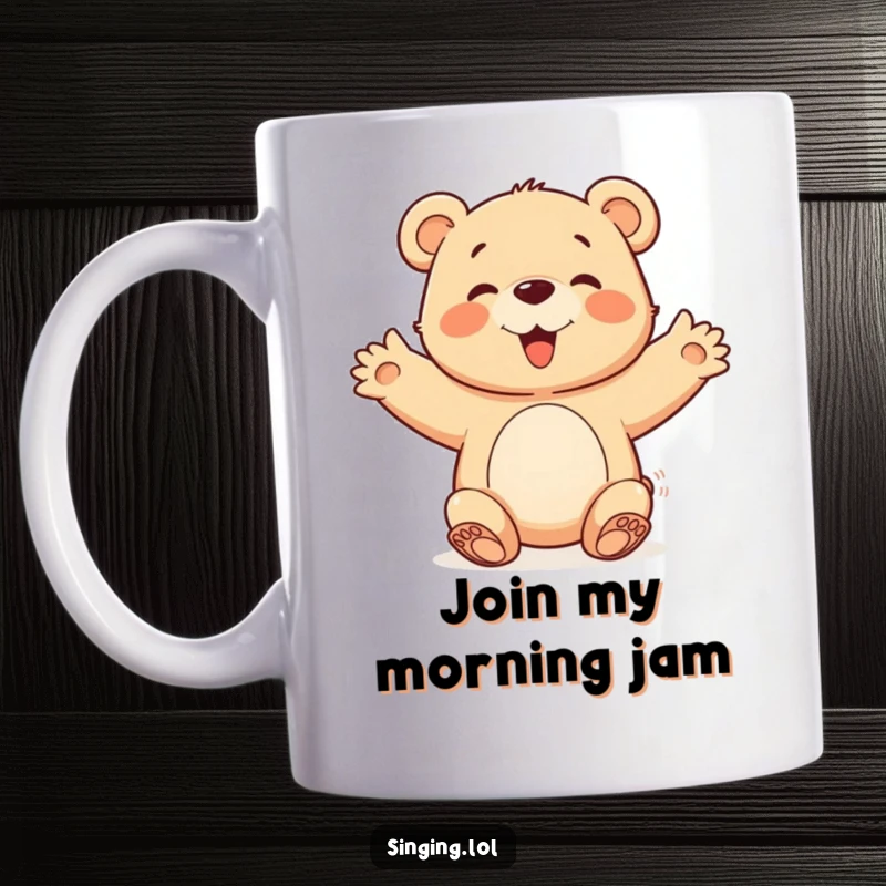 Funny happy bear cub character with open arms, joining a chorus joyfully on a cheerful mug.