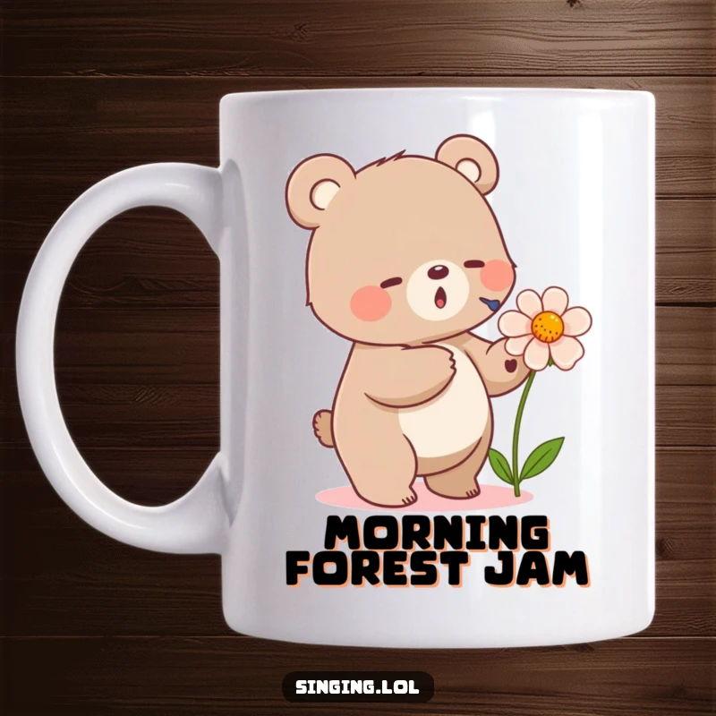 Funny mug showing a small bear tapping its foot rhythmically while singing joyfully into a flower, creating a heartwarming scene.