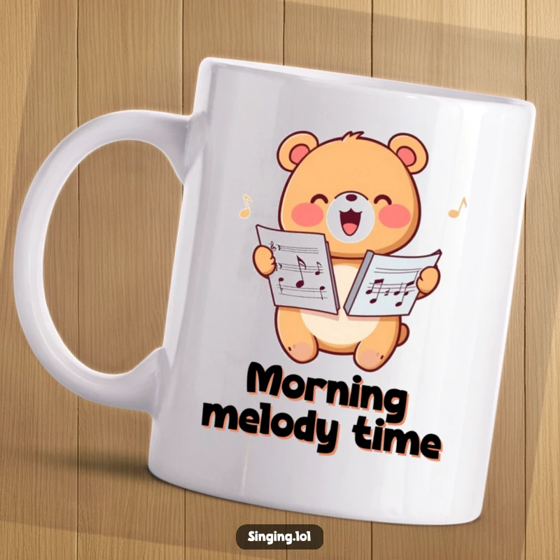 Funny mug with a happy bear character joyfully harmonizing while holding sheet music, embodying pure musical bliss.
