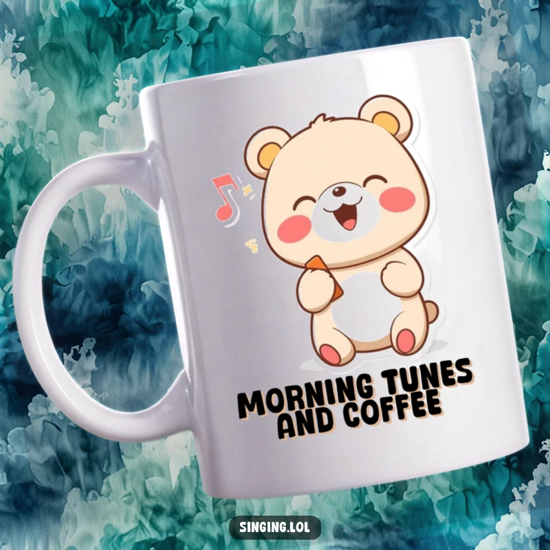 Funny cartoon mug with a cheerful bear character joyfully singing with a musical note, radiating happiness.