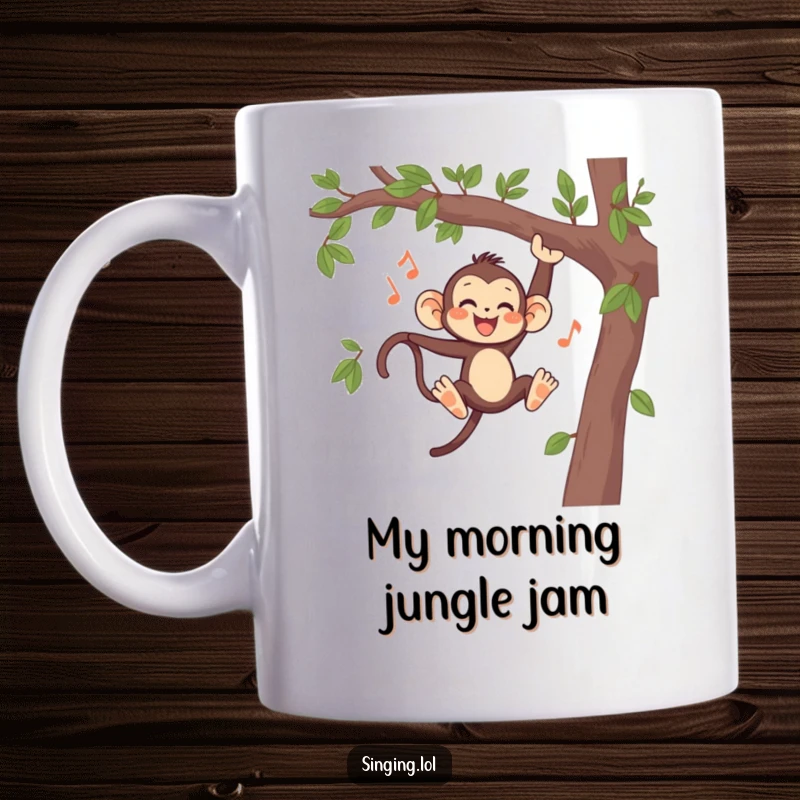Funny Monkey Singing Mug, a cheerful primate swinging joyfully from branches while belting out a tune, perfect for music lovers.