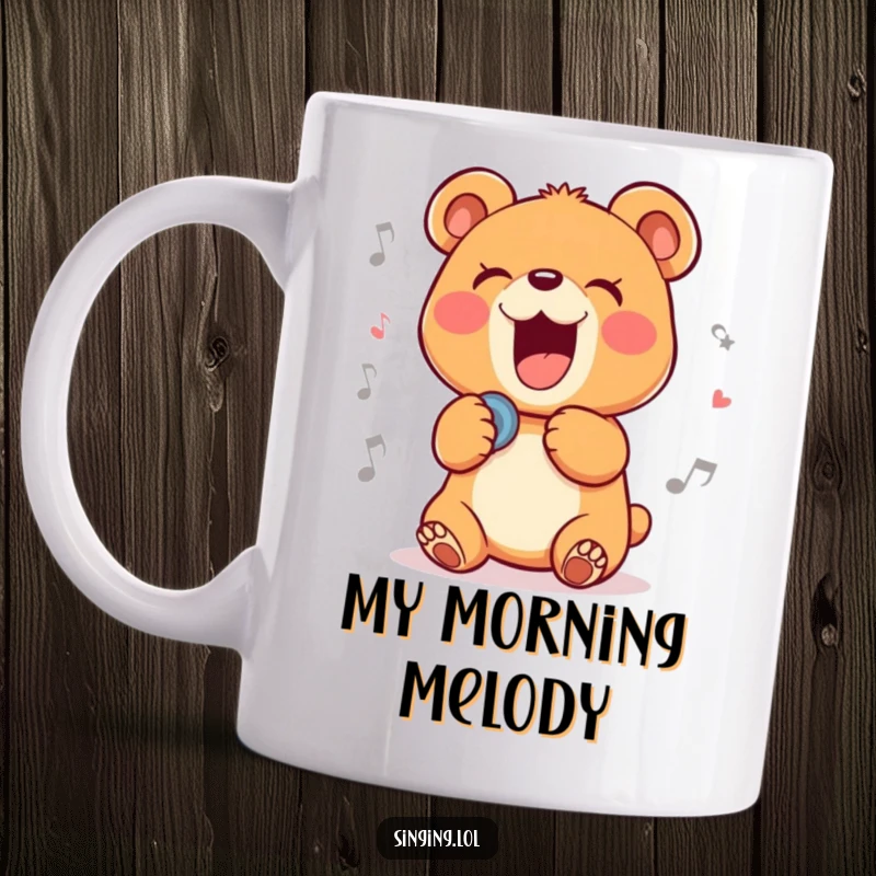 Funny mug of a happy bear cub character with eyes closed, passionately singing a heartfelt ballad with a joyful expression.