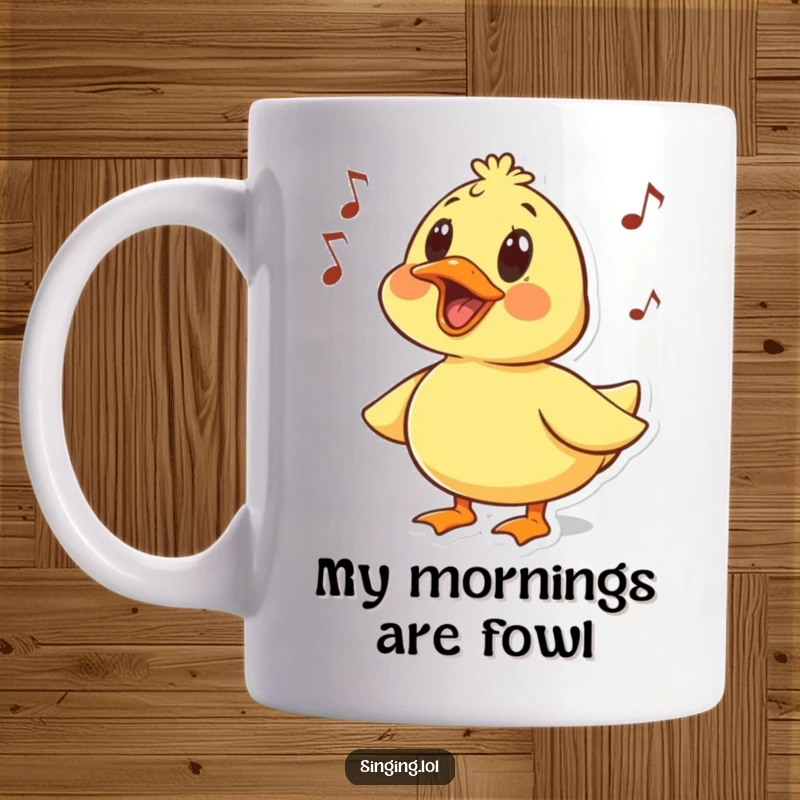 Funny mug with a surprised duck character quacking loudly, singing a humorous melody with musical notes around it.