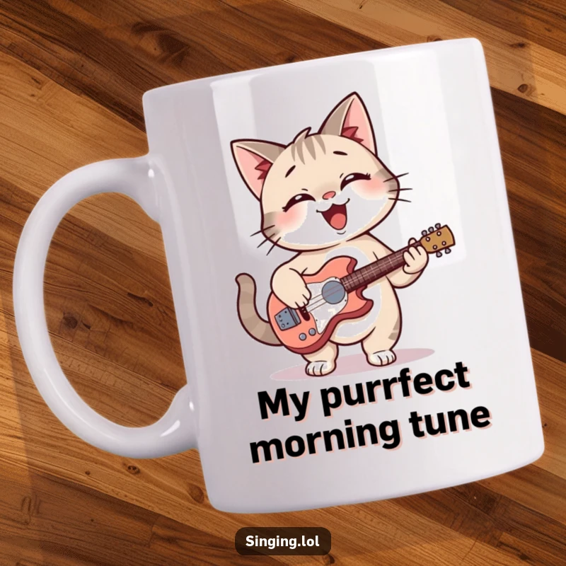 Funny cat giggling while strumming a tiny guitar, depicted on a ceramic mug, perfect for coffee.