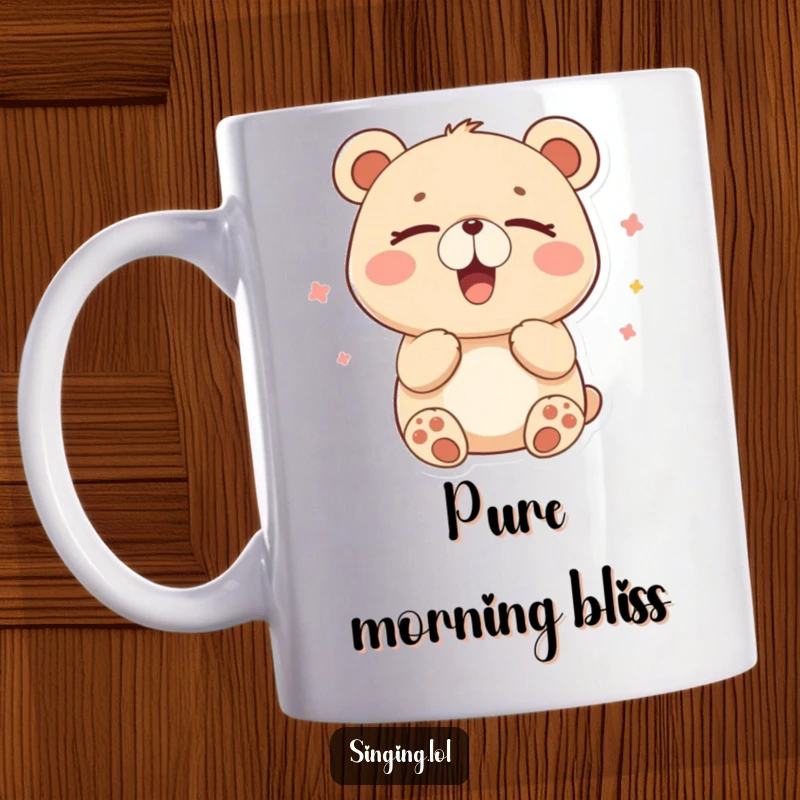 Funny mug featuring a happy bear character humming contentedly with its eyes closed, radiating pure peace.