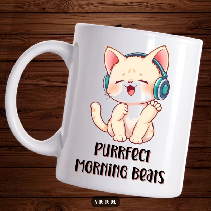 Funny mug with a singing kitten wearing tiny headphones, tapping its paw to the beat, radiating musical joy.