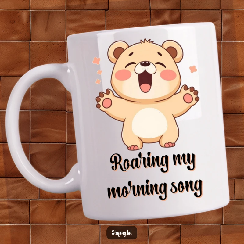 Funny Bear Cub Singer Mug: A giggling bear cub sings loudly with paws spread wide, embodying pure, happy exuberance and fun.