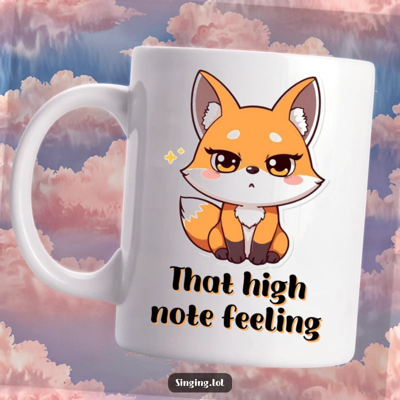 Funny Fox Opera Singer Mug: A surprised fox hits a high note with squinted eyes, embodying a powerful and humorous vocal performance.