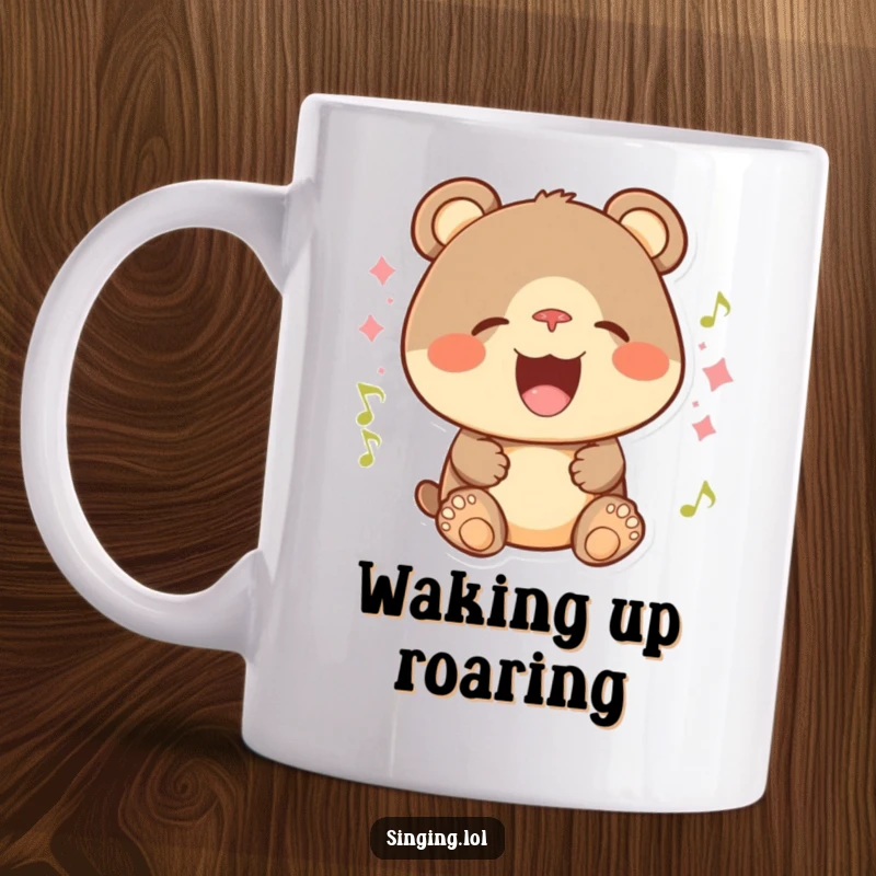 Funny mug displaying a playful bear cub with a huge smile, singing their heart out with great enthusiasm.