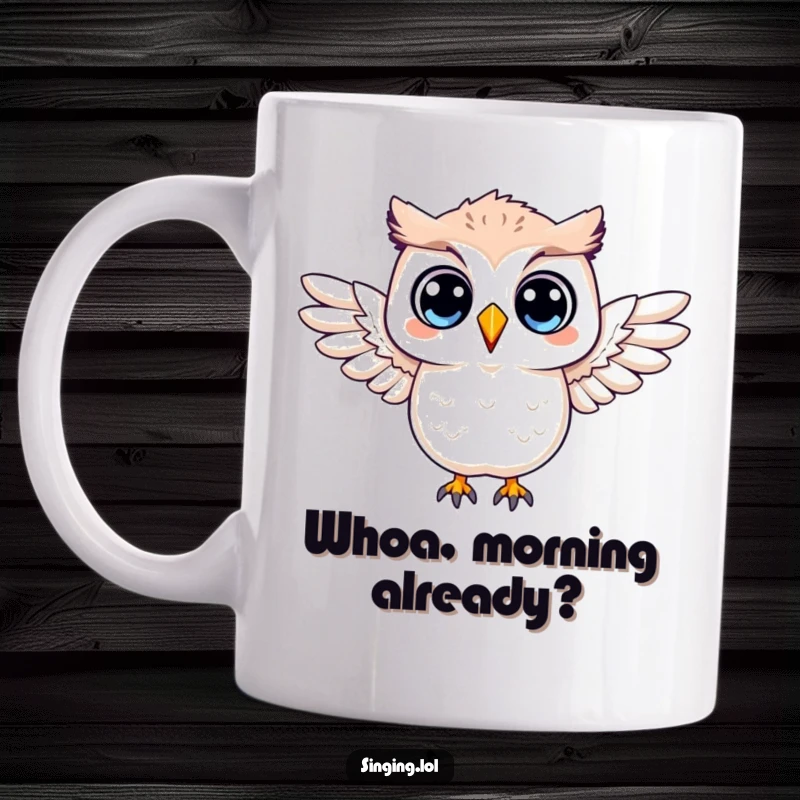 Funny mug featuring a surprised owl character with its wings outstretched in a comical expression of shock.