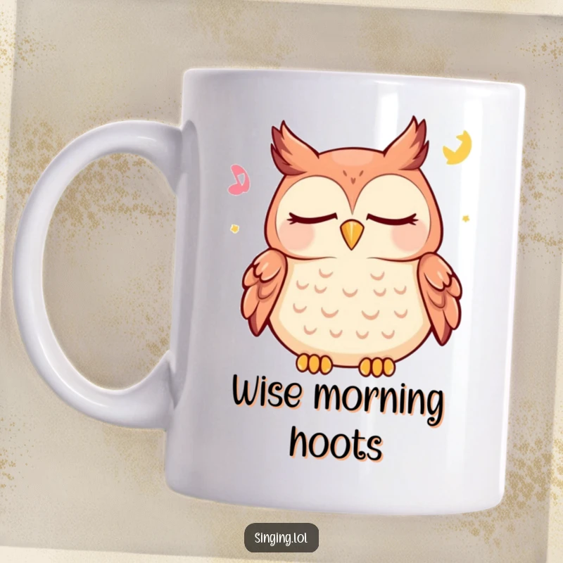 Funny happy owl mug featuring a serene character with closed eyes, gently hooting a peaceful lullaby, perfect for quiet mornings.