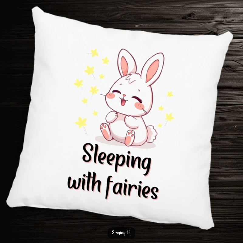 Funny Pillow with a giggling bunny character harmonizing with glowing fireflies, offering comfort and a whimsical nighttime ambiance.