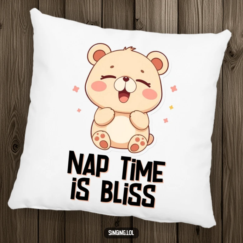 Funny pillow with a happy bear humming contentedly with closed eyes, perfect for cozy, serene vibes.