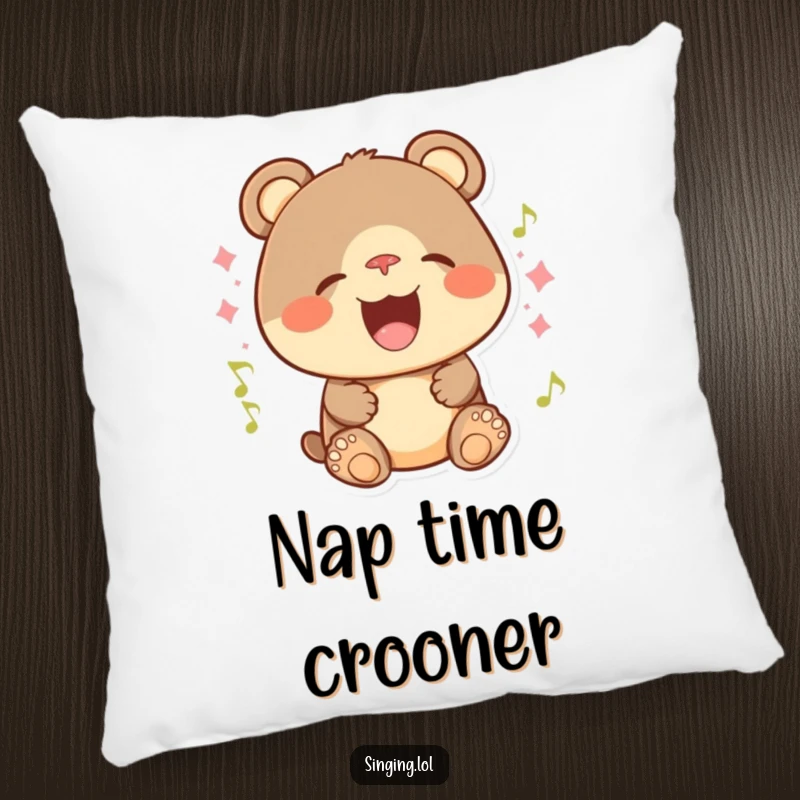 Funny pillow featuring a happy bear cub with a wide smile, singing joyfully with great enthusiasm.