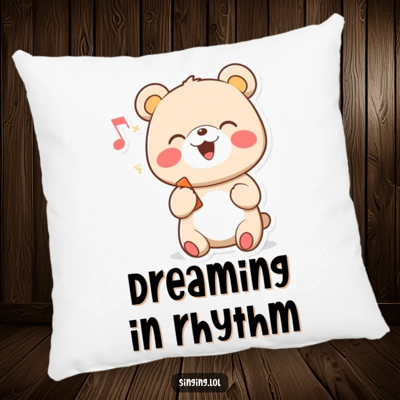 Funny decorative pillow with a cheerful cartoon bear character singing with a musical note, perfect for comfort.