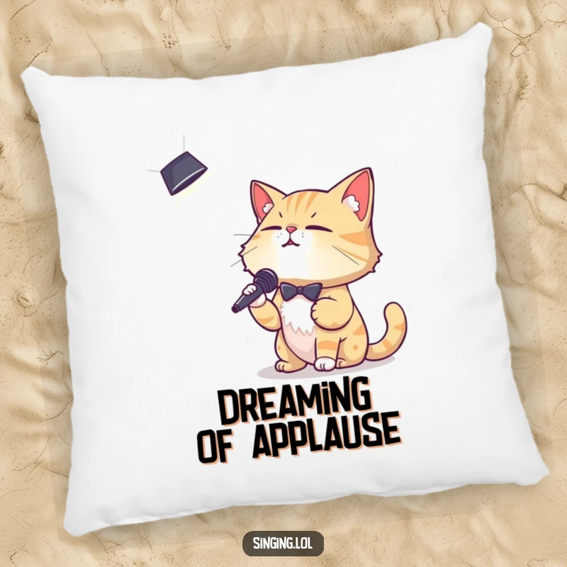 Funny pillow with a debonair cat character crooning into a spotlight, adding humorous and cozy stage vibes to any room.