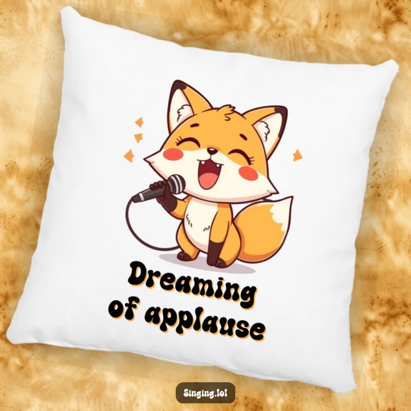 Funny Pillow with a cheerful fox character belting out a tune into a microphone, offering comfort and a touch of stardom.
