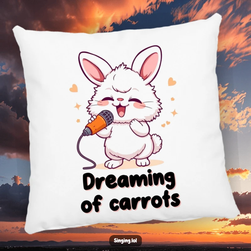 Funny Bunny Singer Pillow: A fluffy bunny sings with gusto into a carrot microphone, a soft and humorous accent piece.