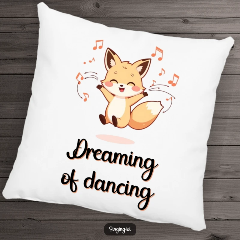 Funny pillow featuring a little fox character dancing joyfully amid swirling musical notes, offering comfort and a musical, humorous touch.