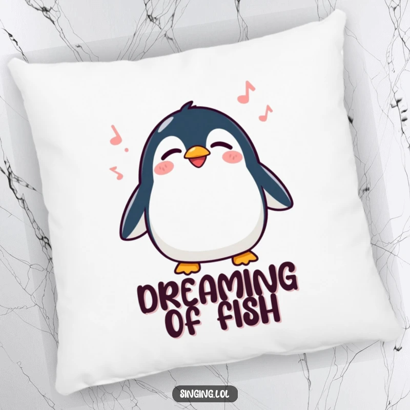Funny Penguin Singing Pillow, a delighted penguin waddling and singing closed-eyed, offering soft comfort and playful charm.