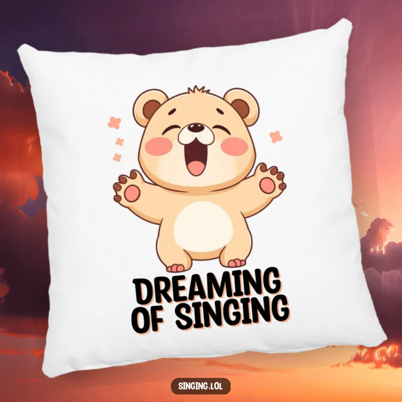Funny Bear Cub Singer Pillow: A giggling bear cub sings loudly with paws wide, a soft and humorous accent piece.
