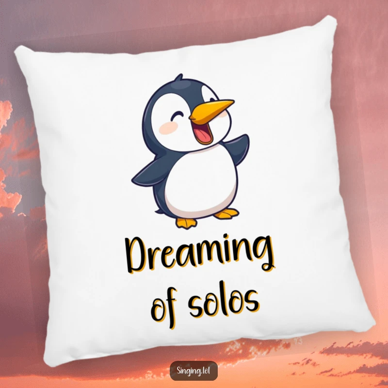 Funny pillow featuring a playful penguin character squawking a ballad, perfect for a cozy and musical ambiance.