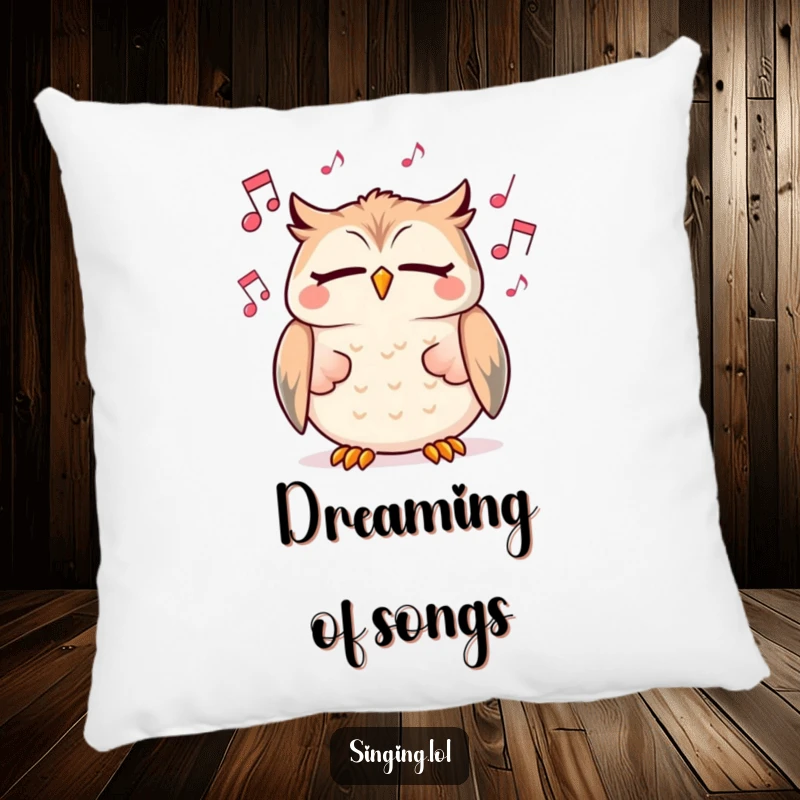 Funny pillow featuring a cheerful owl character singing with eyes closed among floating musical notes, perfect for comfort and whimsy.