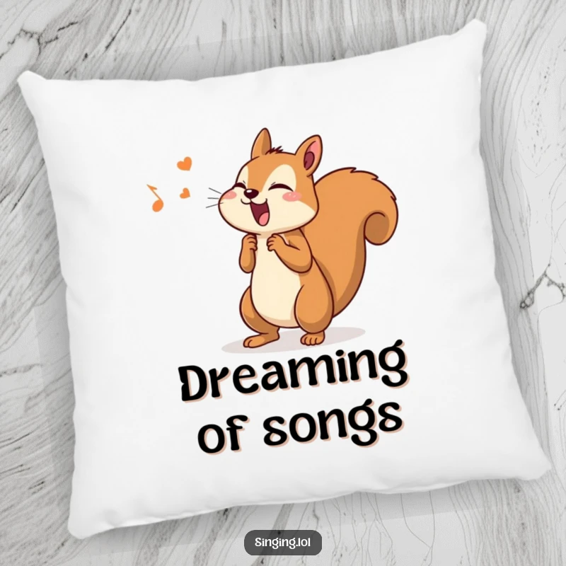 Funny pillow with a determined squirrel singing with gusto and its tail wagging, perfect for cozy musical vibes.
