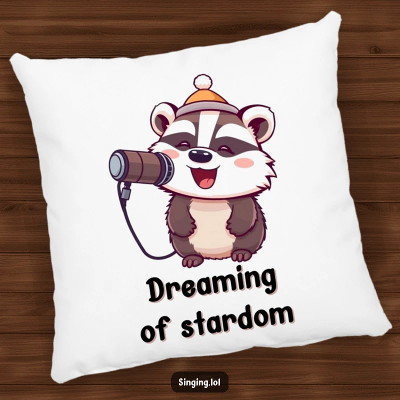 Funny pillow with a cheerful badger wearing a tiny hat and singing into a microphone, offering comfort and musical vibes.