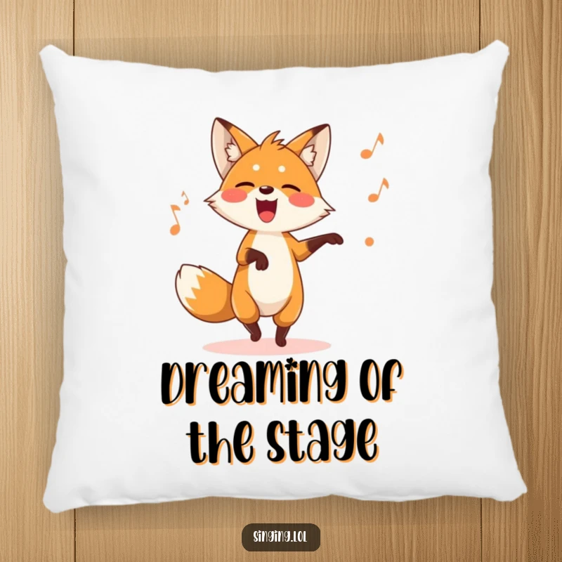 Funny fox pillow featuring a playful character dancing while singing a silly song, bringing comfort and cheer.