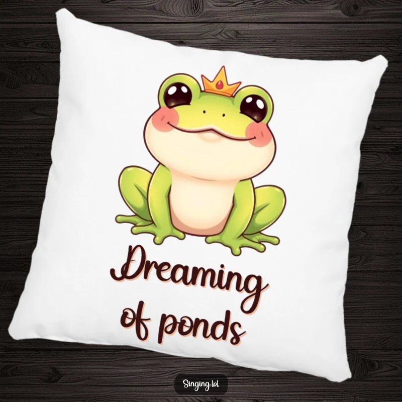 Funny Frog Prince pillow featuring a giggling amphibian prince character happily croaking a joyous tune, perfect for adding comfort and humor.