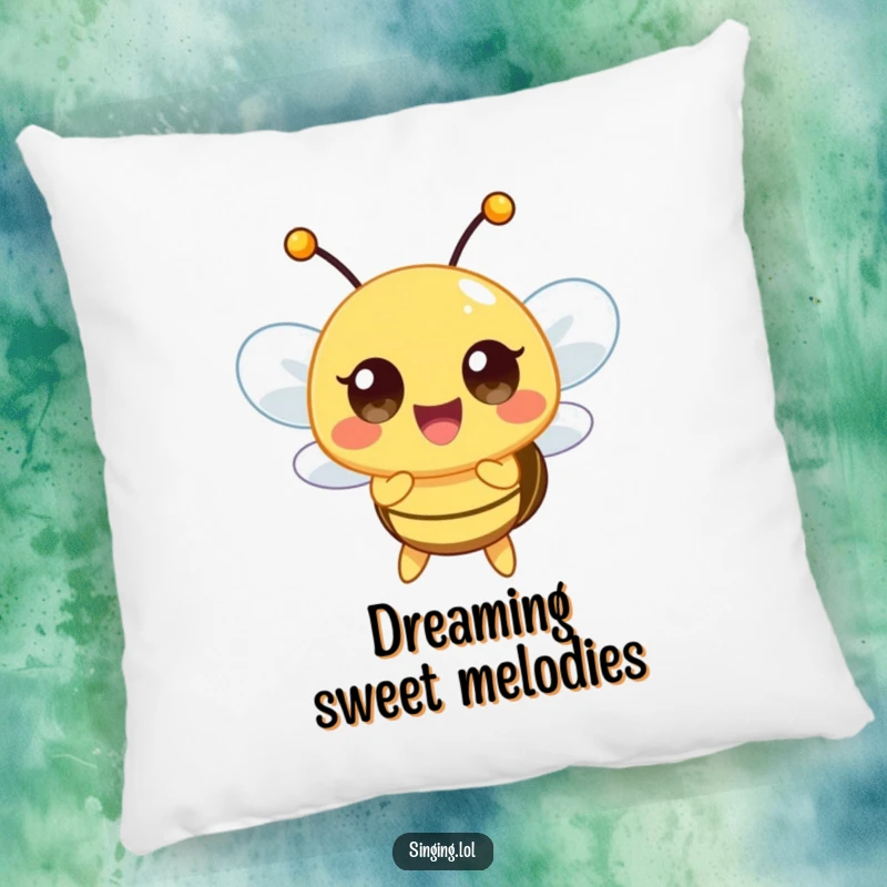 Funny pillow featuring a happy bee character buzzing a high note, perfect for a cozy and musical atmosphere.