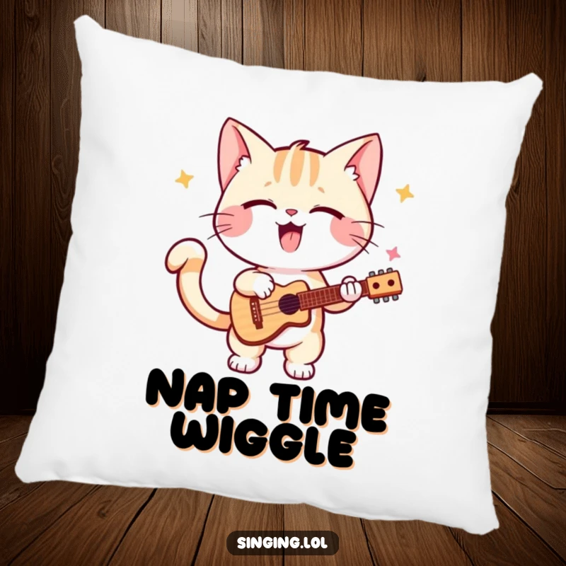 Funny kitten pillow, a plush cushion with a happy cat performing a solo, tail wagging, bringing musical cheer and comfort.