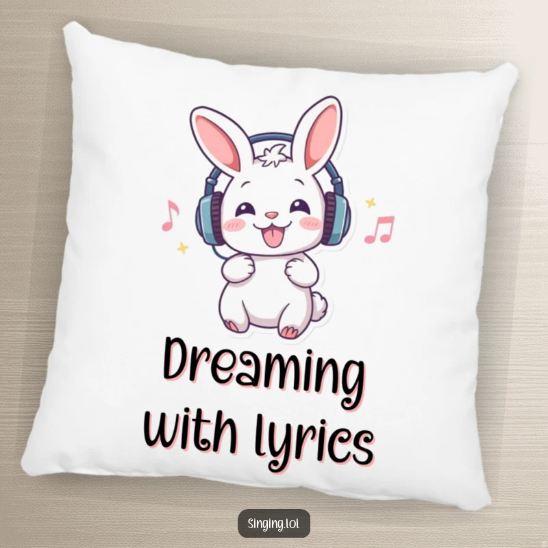 Funny pillow featuring a rabbit with headphones, passionately singing, adding a touch of musical humor and comfort to any room.