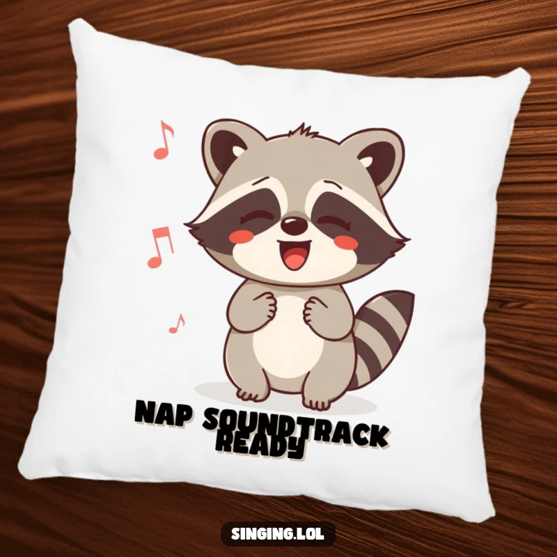 Funny Raccoon Humming Pillow: A content raccoon humming a soft melody, perfect for comfort and smiles. Soft, plush, and wonderfully cheerful.