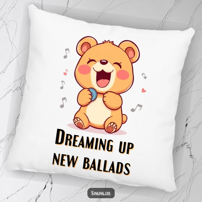Funny pillow with a delighted bear cub character belting out a ballad, adding humorous, joyful comfort to any room.